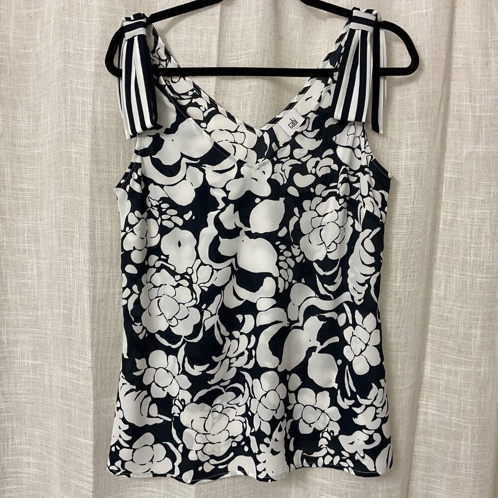 Cabi Women Size S Tank Top Blouse Navy White Floral V-neck Sleeveless Bow Accent